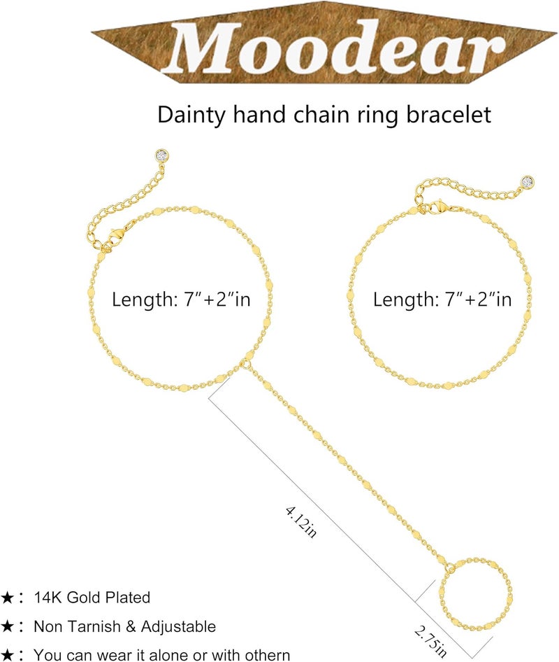 Moodear Sterling Silver Dainty Ring Bracelet Hand Chain for Women - 14K Gold Plated/Sterling Silver Layered Adjustable Satellite Bead Paperclip Dot CZ Link Hand Chain Bracelets Non Tarnish Trendy Jewelry Gift - Image 5